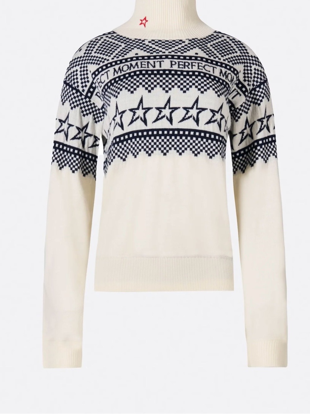 NWT perfect moment Intarsia merino wool holiday roll neck pullover in white/blue